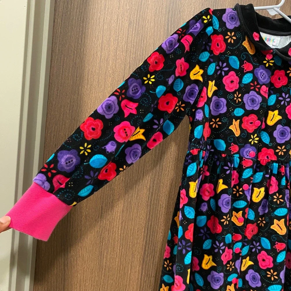 GYMBOREE‎ Girl's Vintage Black Floral Velour Button Front Dress XL Long Sleeve